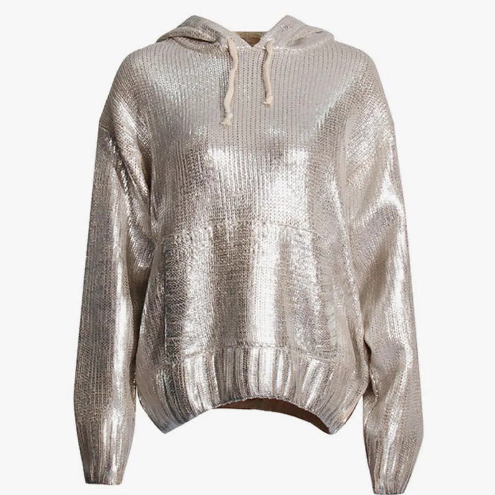 Fashion Silver Knit Pullover Sweater Hoodie for Women with Drawstring
