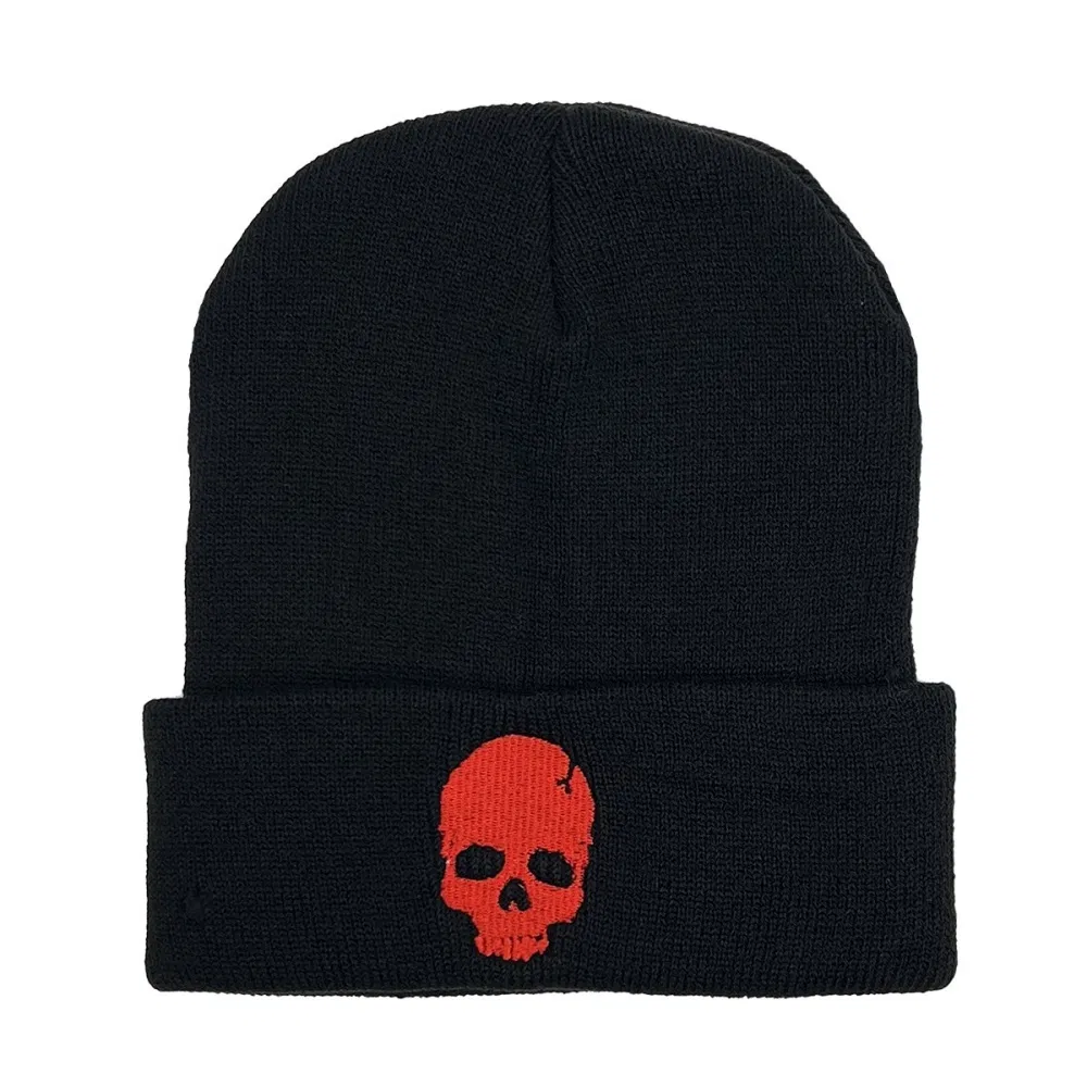 Stylish Black Knit Beanie Featuring Unique Black Skull Embroidery