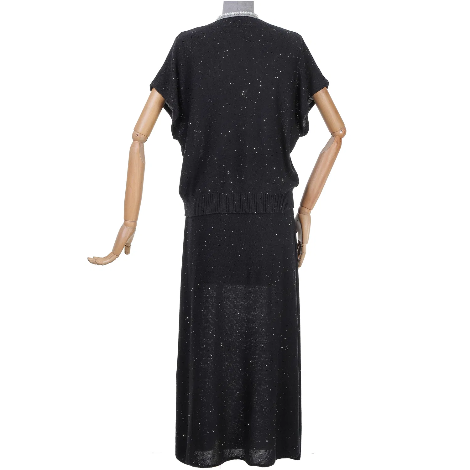 Fashion Knitted Black Short Sleeve and Skirt Sequin Set for Women Sweater