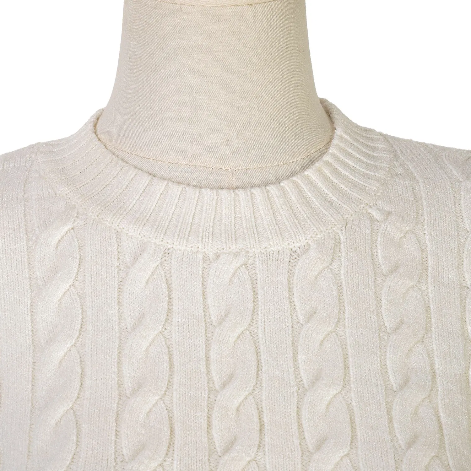 Beige Color Cable Knit Pattern Top and Knit Long Pants One Set Women Sweater