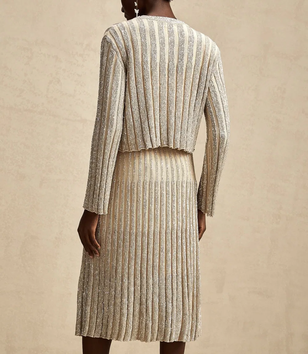 Cozy Matching Sweater and Skirt Set with Golden Stripes