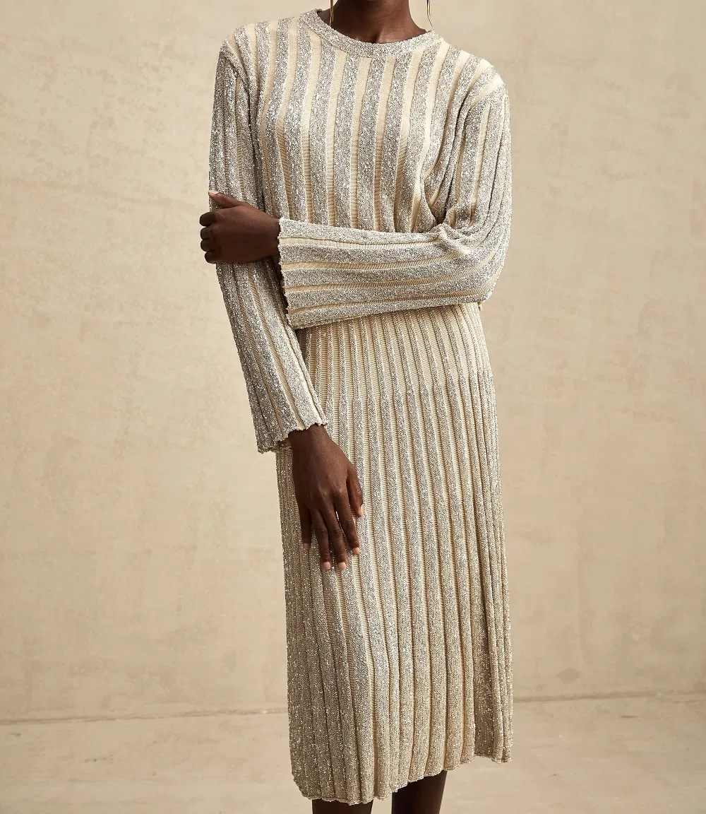 Cozy Matching Sweater and Skirt Set with Golden Stripes