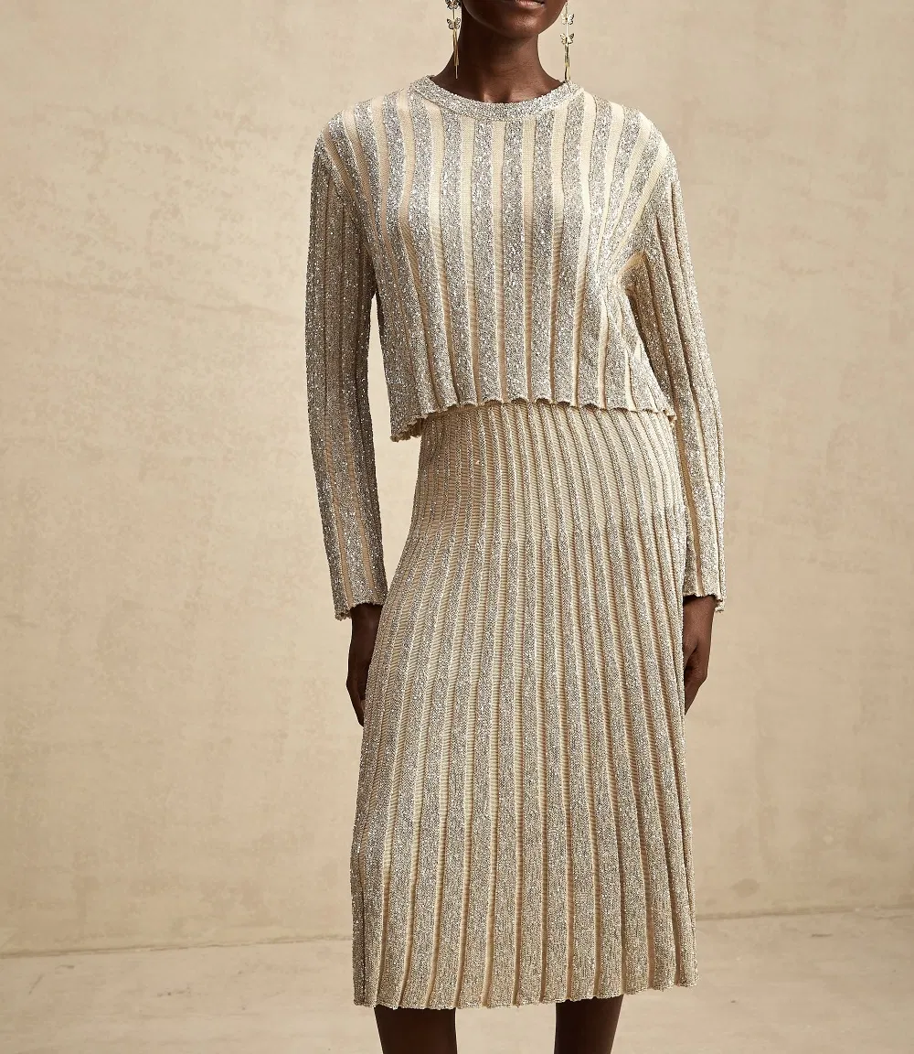 Cozy Matching Sweater and Skirt Set with Golden Stripes