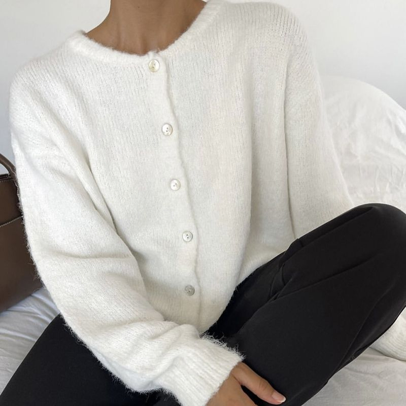 Soft Wool Button Cardigan Women Vintage Shell Button Knit Coat Grey Cozy Sweater Jacket