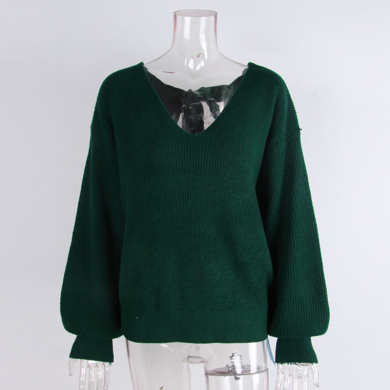 Fashion V-Neck Solid Color Sweater Women Autumn New Loose Casual Long Sleeve Knit Top