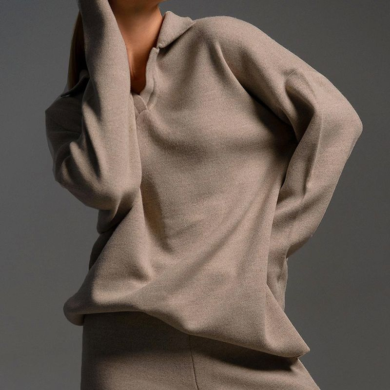 Fashion Soft Knit Wear Women Jumper Set Customize Sweater Polo Shirt