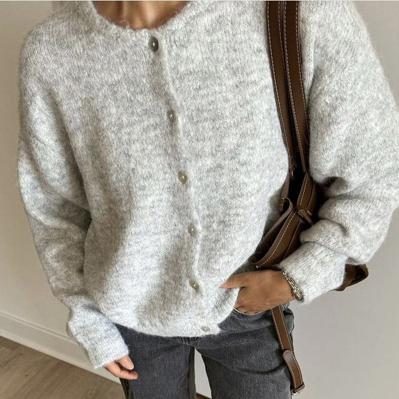 Soft Wool Button Cardigan Women Vintage Shell Button Knit Coat Grey Cozy Sweater Jacket