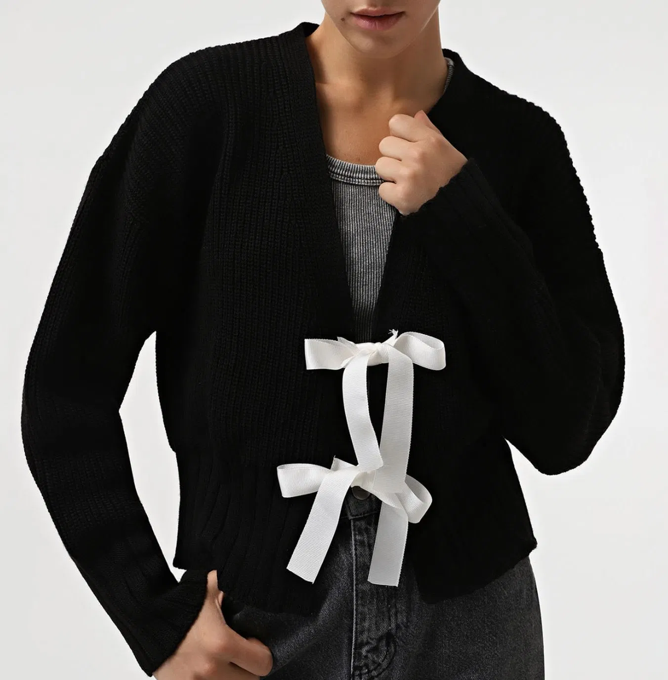 French Style Knit Cardigan Women Elegant Tie Sweater Coat Spring Fall Blouse Knitwear