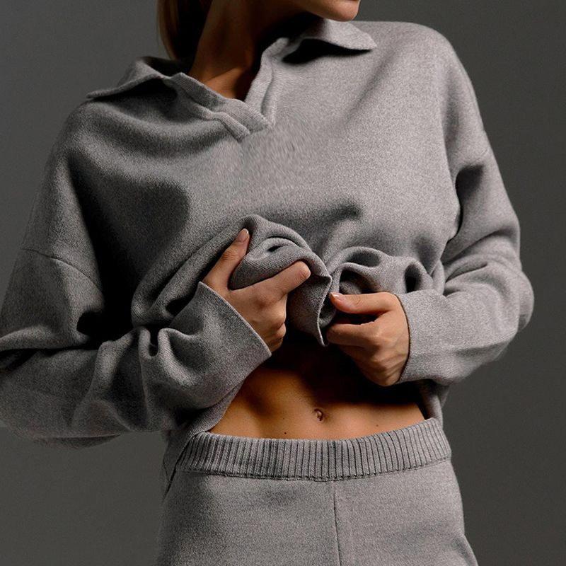Fashion Soft Knit Wear Women Jumper Set Customize Sweater Polo Shirt
