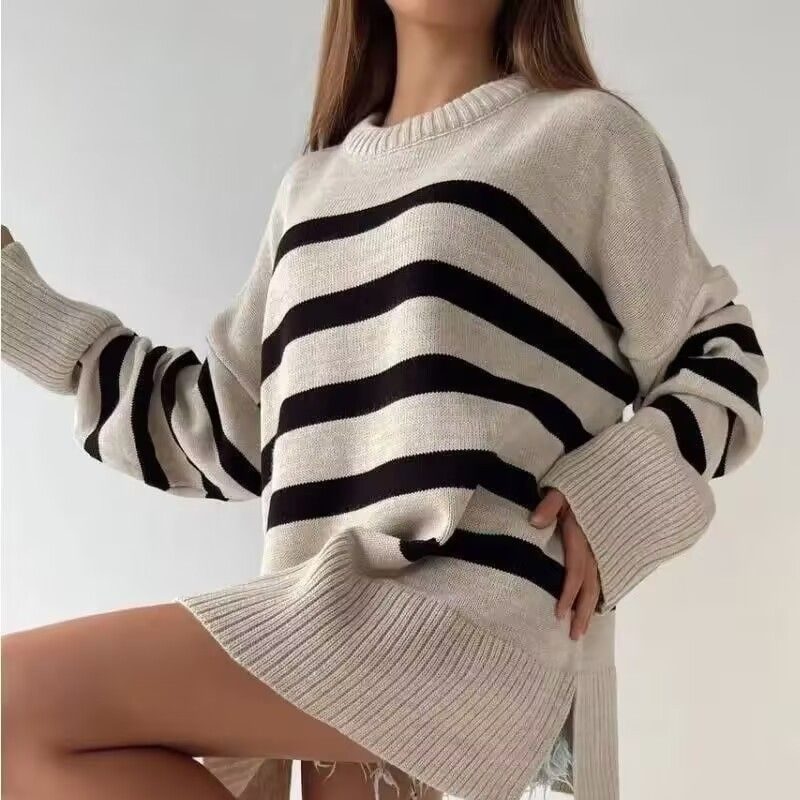Oversized Stripe Sweater Women Loose Fit Knit Top Vintage Inspired Unisex Boyfriend Style