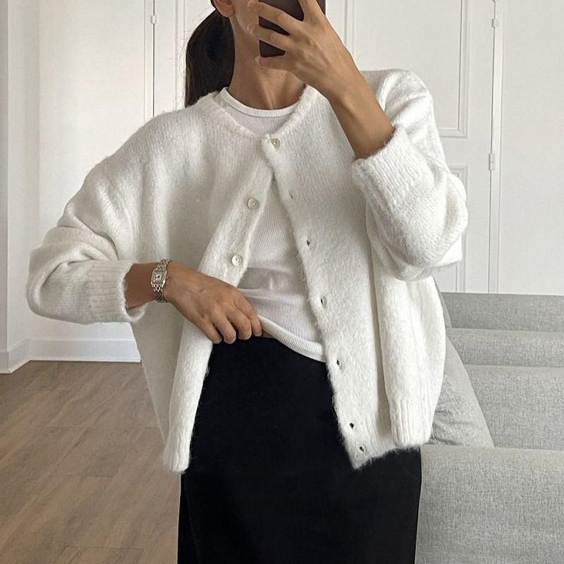 Soft Wool Button Cardigan Women Vintage Shell Button Knit Coat Grey Cozy Sweater Jacket