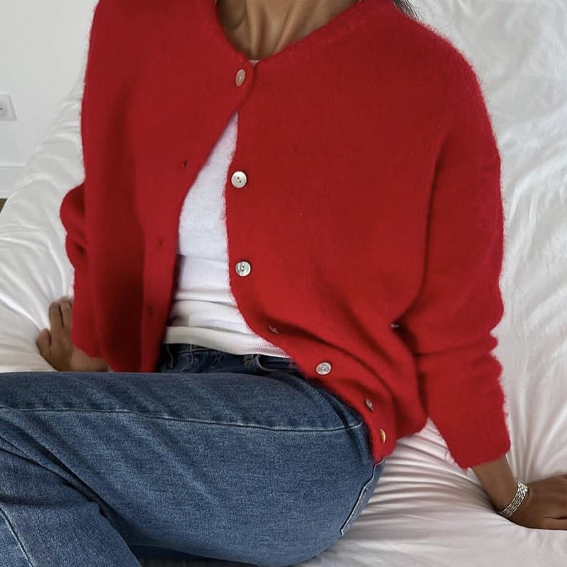 Soft Wool Button Cardigan Women Vintage Shell Button Knit Coat Grey Cozy Sweater Jacket