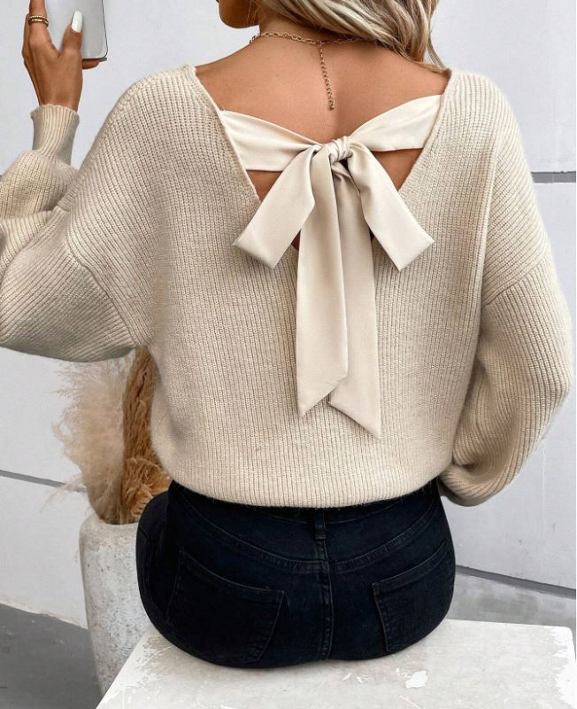 Fashion V-Neck Solid Color Sweater Women Autumn New Loose Casual Long Sleeve Knit Top