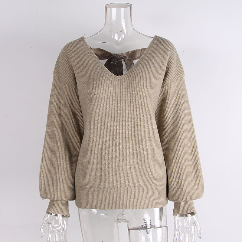 Fashion V-Neck Solid Color Sweater Women Autumn New Loose Casual Long Sleeve Knit Top