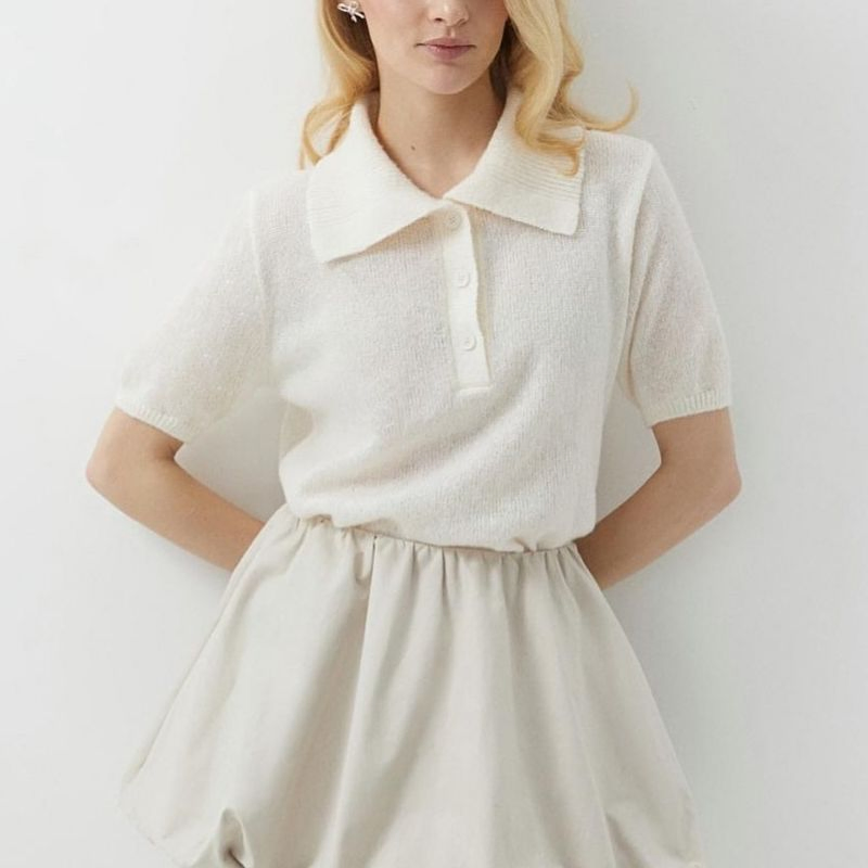 Fashion Polo Knit Tee Spring Summer Women&prime;s Short Sleeve Bubble Top Breathable Casual Elegant Sweater