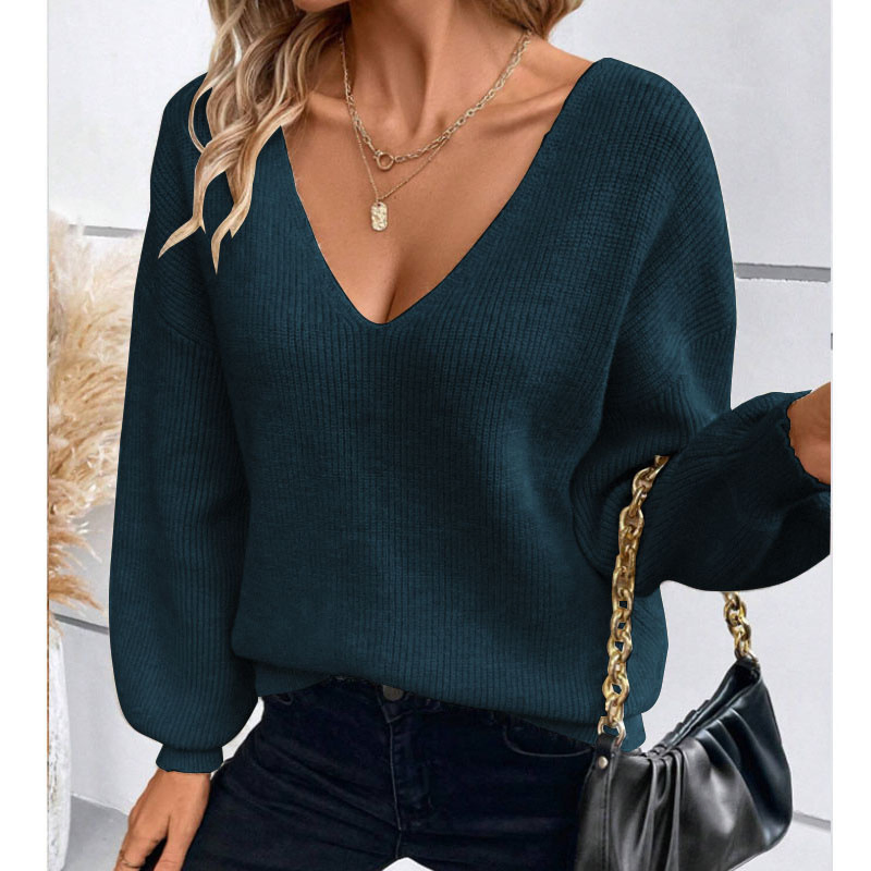 Fashion V-Neck Solid Color Sweater Women Autumn New Loose Casual Long Sleeve Knit Top