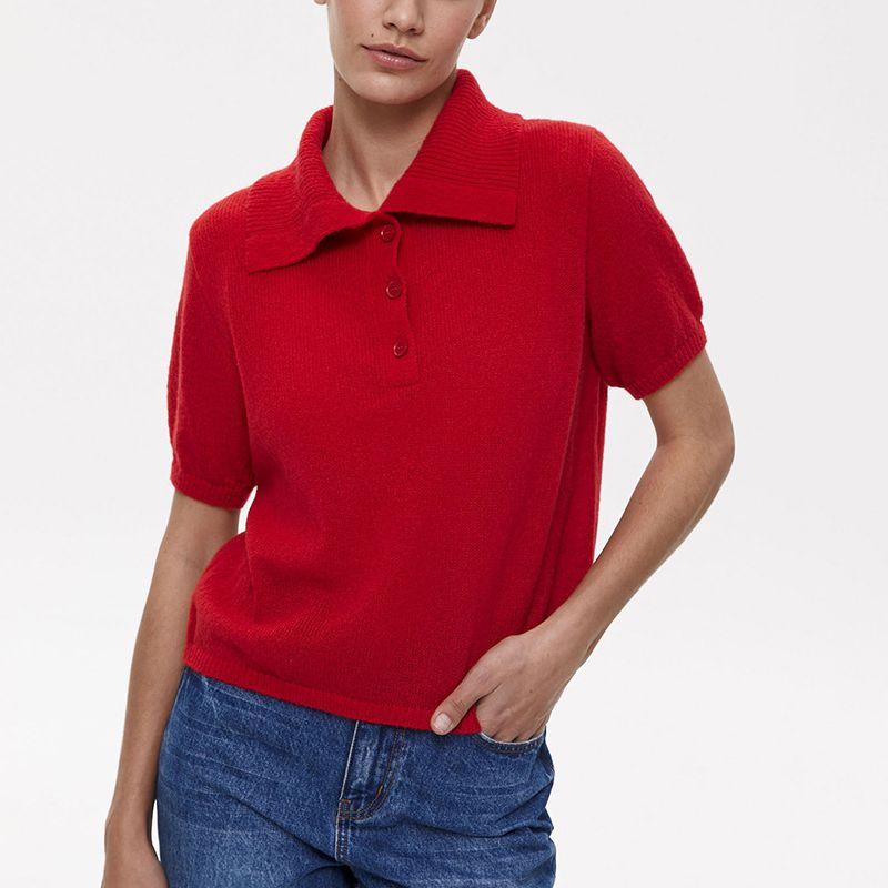Fashion Polo Knit Tee Spring Summer Women&prime;s Short Sleeve Bubble Top Breathable Casual Elegant Sweater