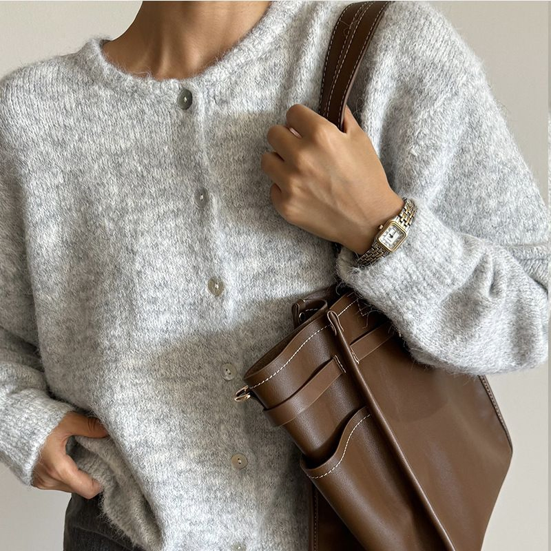 Soft Wool Button Cardigan Women Vintage Shell Button Knit Coat Grey Cozy Sweater Jacket