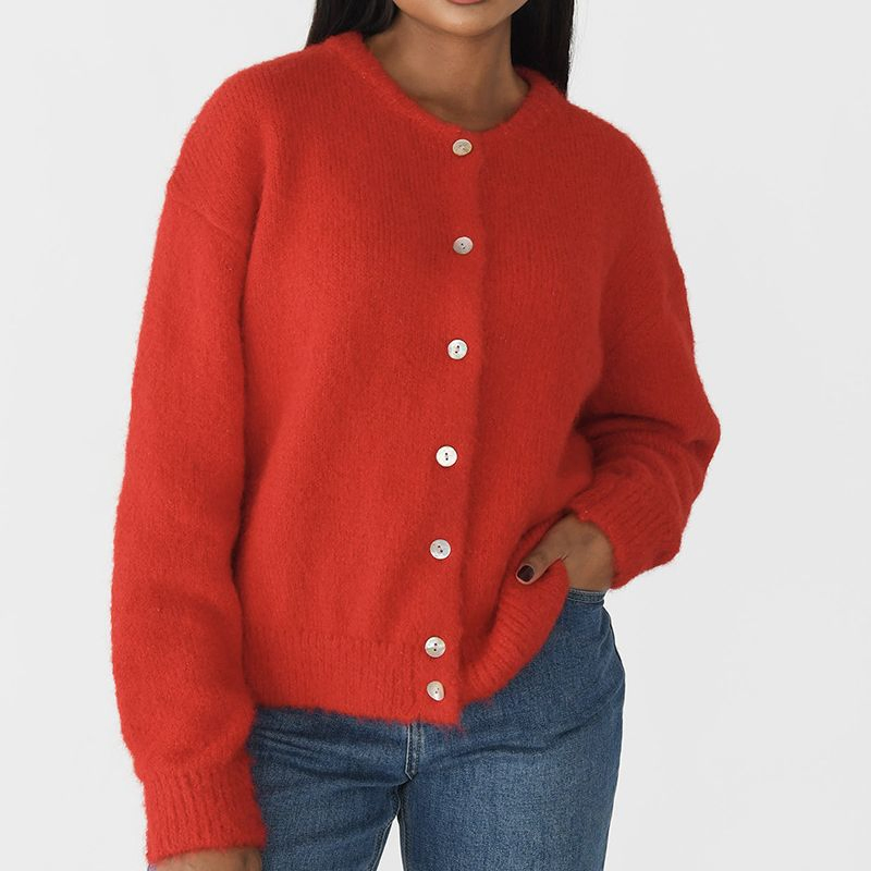 Soft Wool Button Cardigan Women Vintage Shell Button Knit Coat Grey Cozy Sweater Jacket