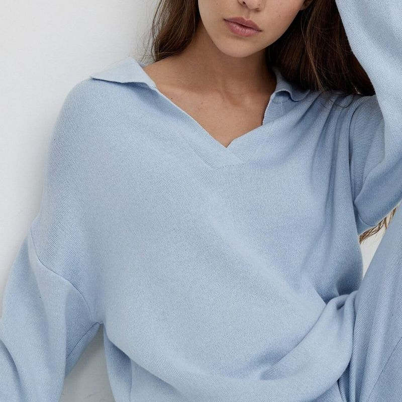 Fashion Soft Knit Wear Women Jumper Set Customize Sweater Polo Shirt