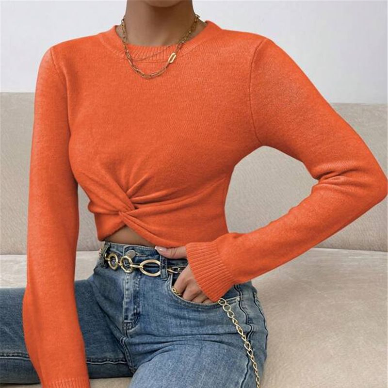 Fashion Round Neck Knit Top Women Slim Sweater Trendy Twist Design Basic Layering Piece