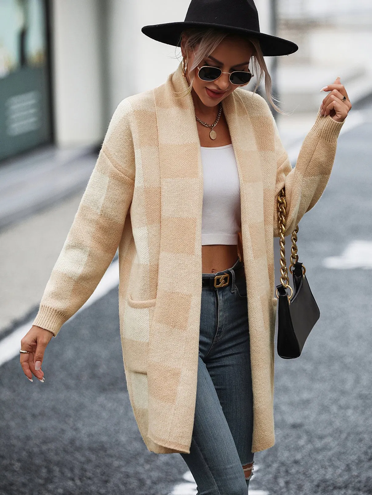 Trendy Long Cardigan Sweater with Checkered Design for Women