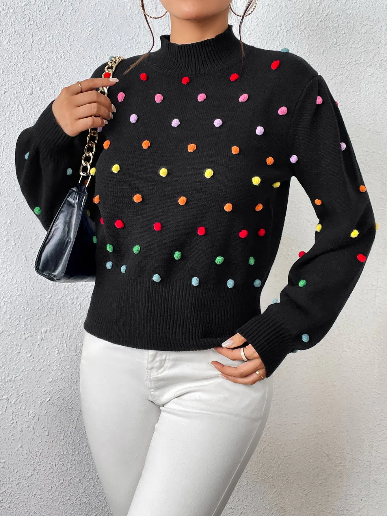 Ladies Fashion Sweater with Bobbles Women Knitted Bobbles Pullover