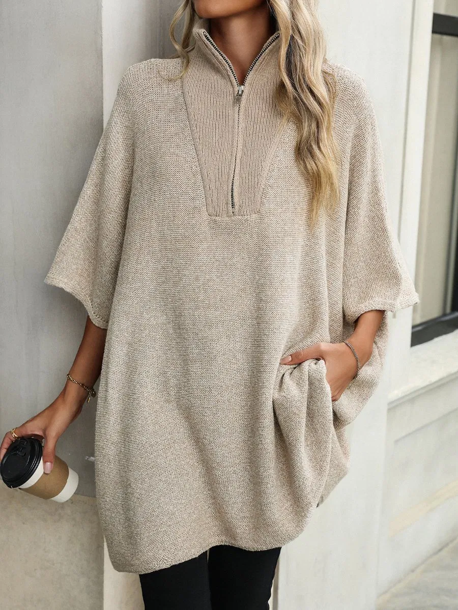 Ladies Fashion Sweater Coat with Zipper at Front Women Knitting Sweater Dress