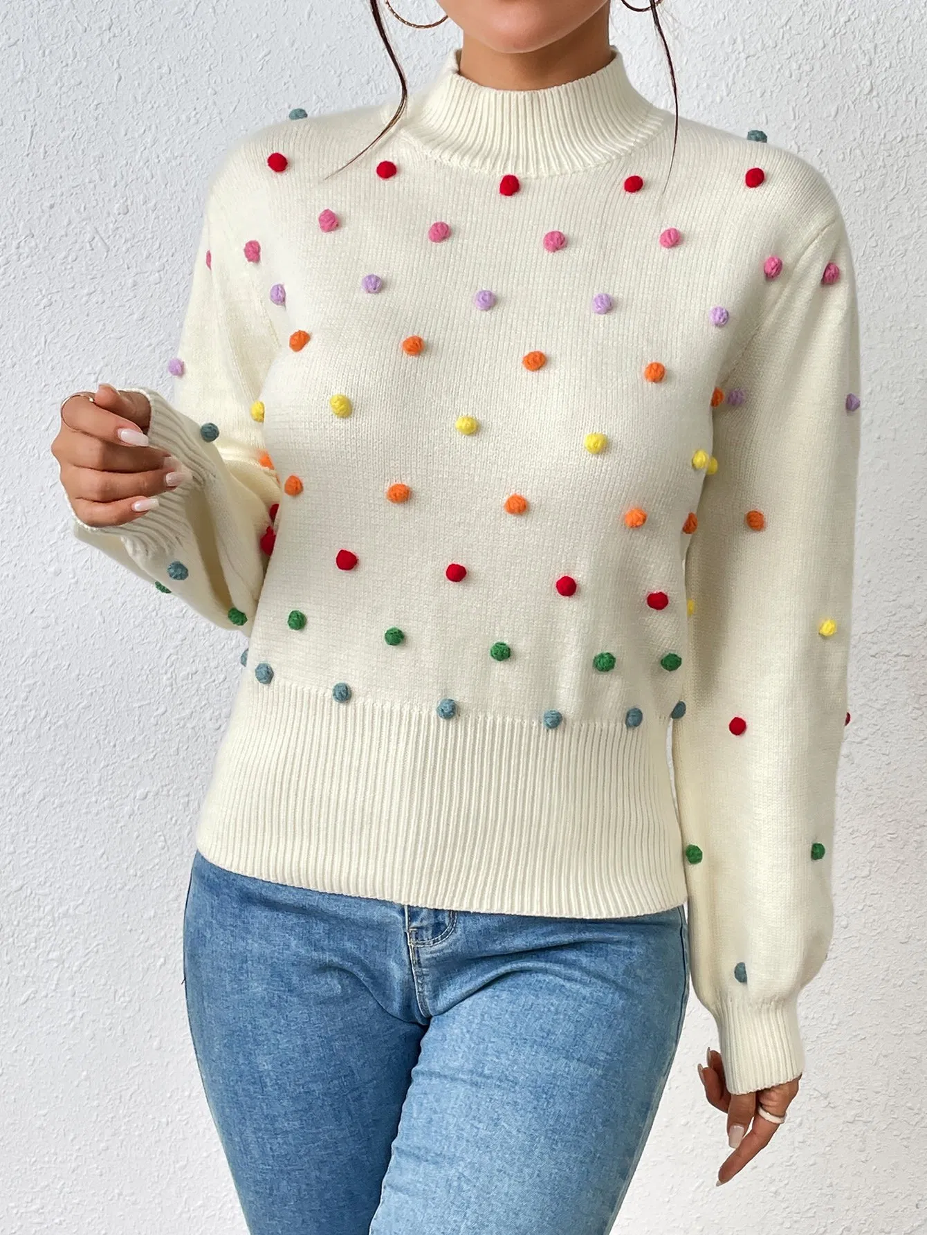 Ladies Fashion Sweater with Bobbles Women Knitted Bobbles Pullover