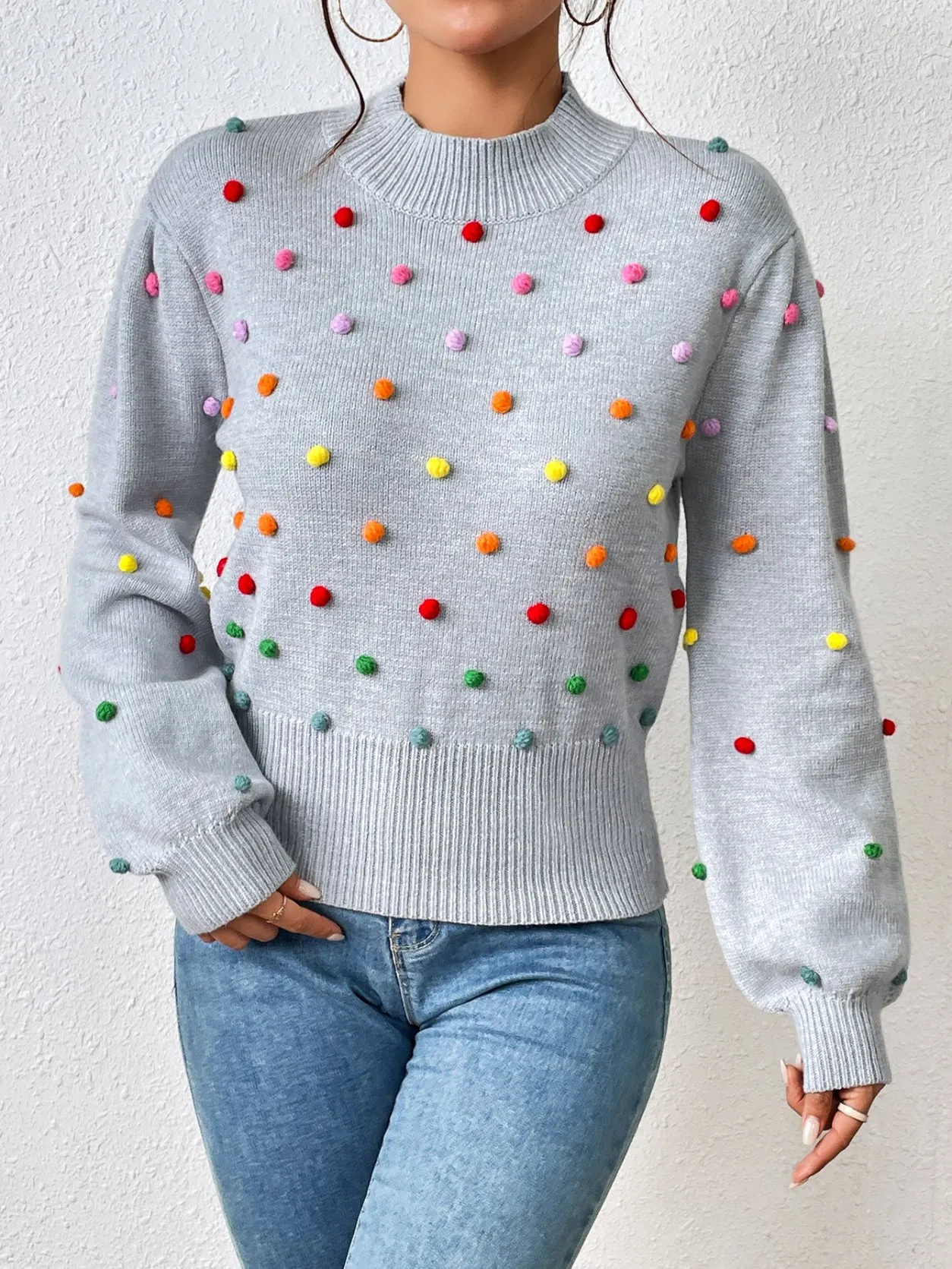 Ladies Fashion Sweater with Bobbles Women Knitted Bobbles Pullover