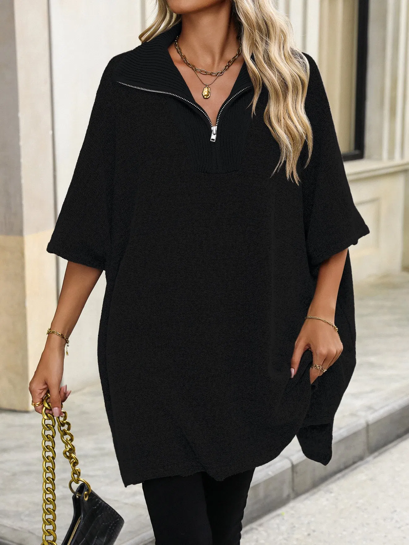 Ladies Fashion Sweater Coat with Zipper at Front Women Knitting Sweater Dress