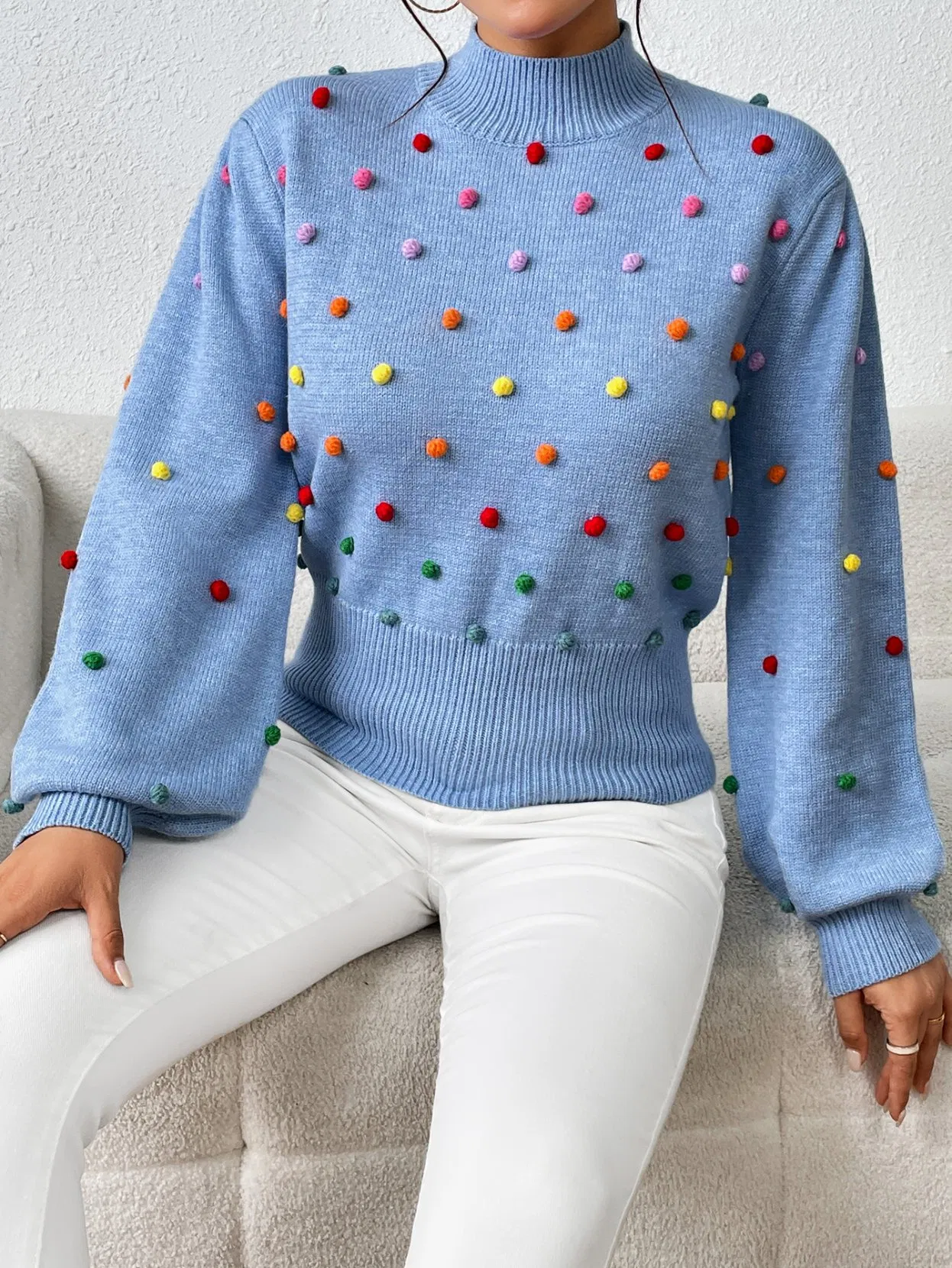 Ladies Fashion Sweater with Bobbles Women Knitted Bobbles Pullover