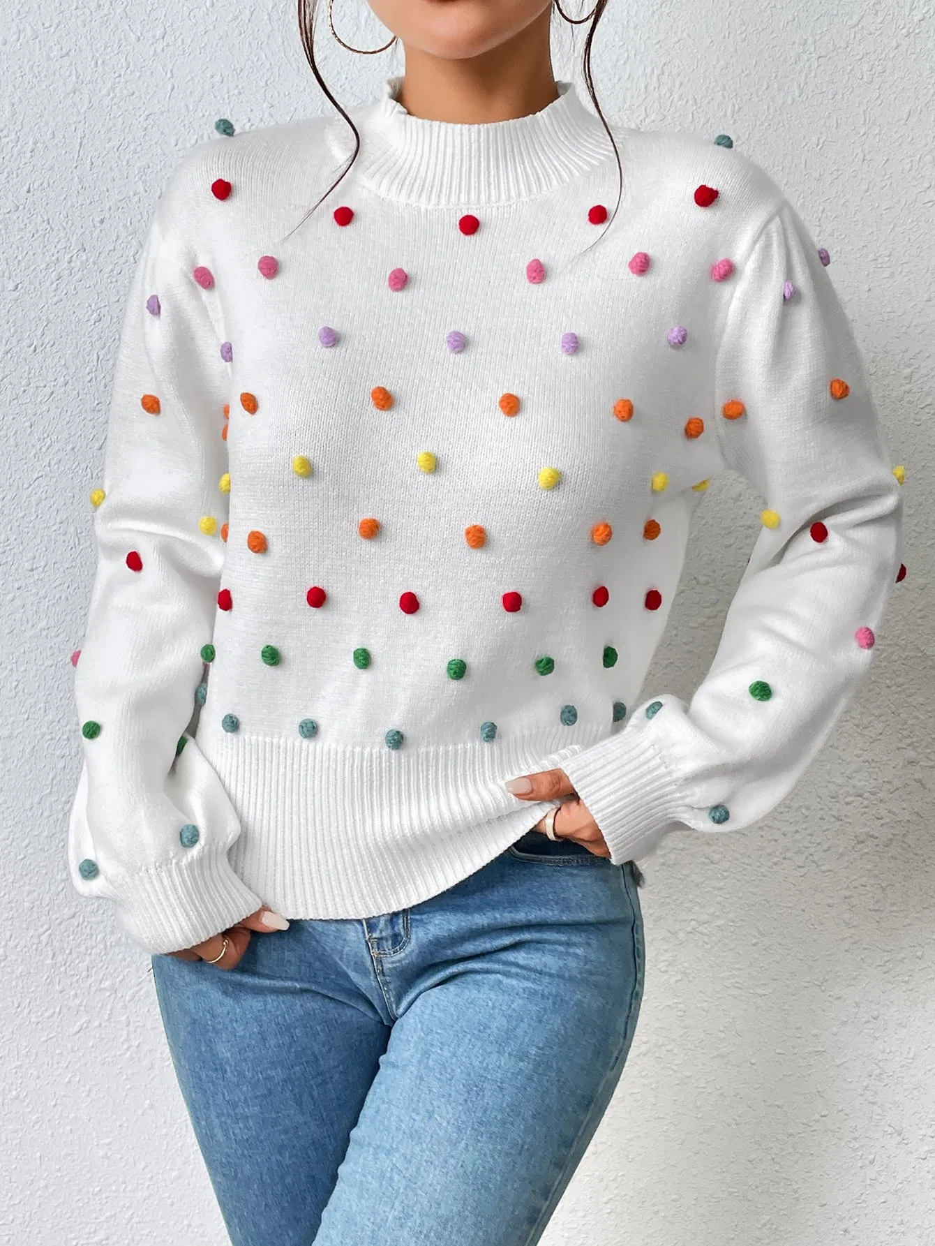 Ladies Fashion Sweater with Bobbles Women Knitted Bobbles Pullover
