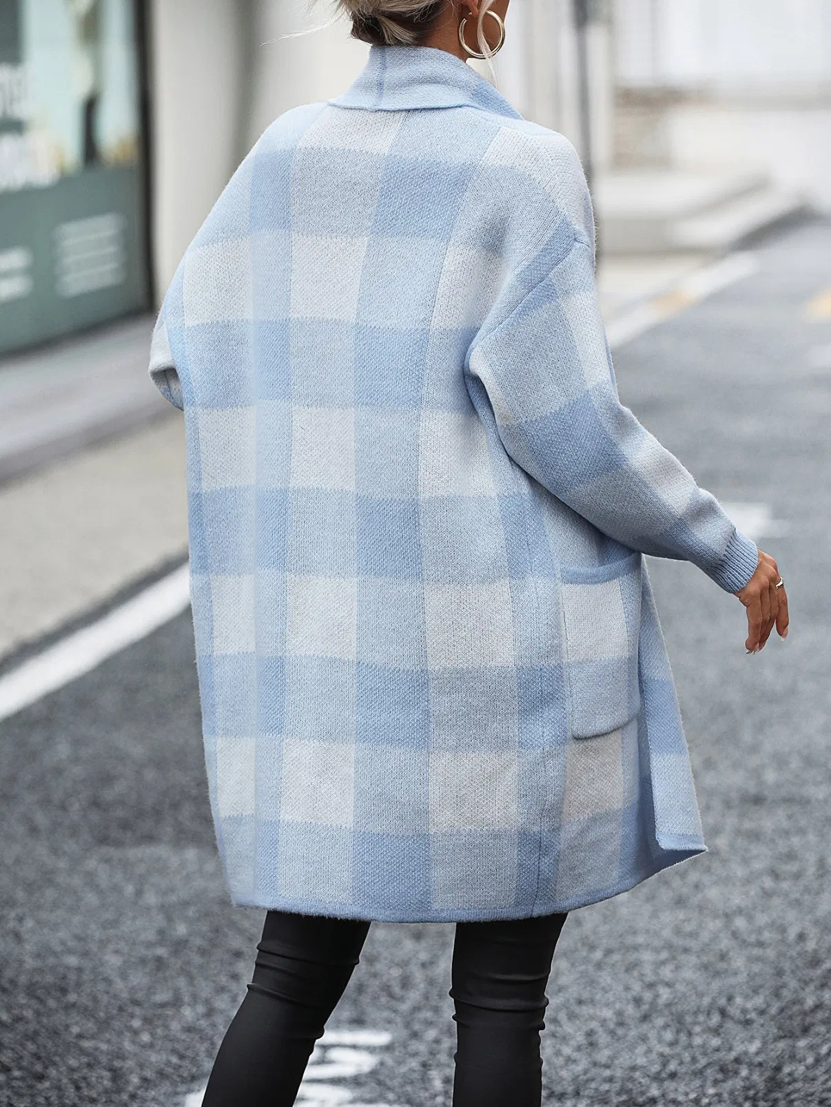 Trendy Long Cardigan Sweater with Checkered Design for Women