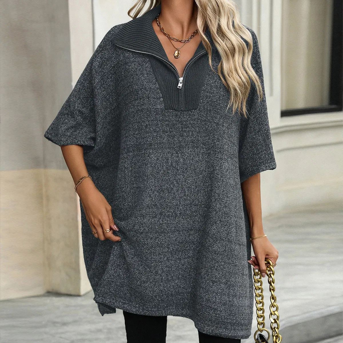 Ladies Fashion Sweater Coat with Zipper at Front Women Knitting Sweater Dress