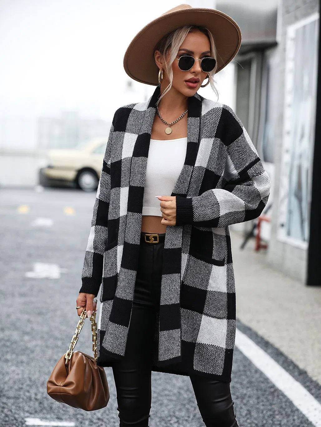 Trendy Long Cardigan Sweater with Checkered Design for Women