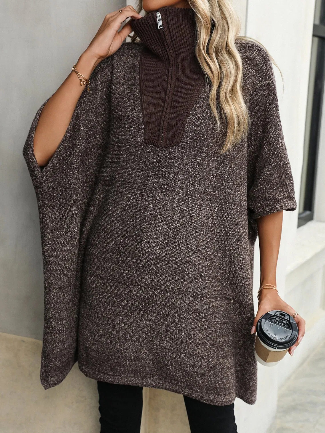 Ladies Fashion Sweater Coat with Zipper at Front Women Knitting Sweater Dress