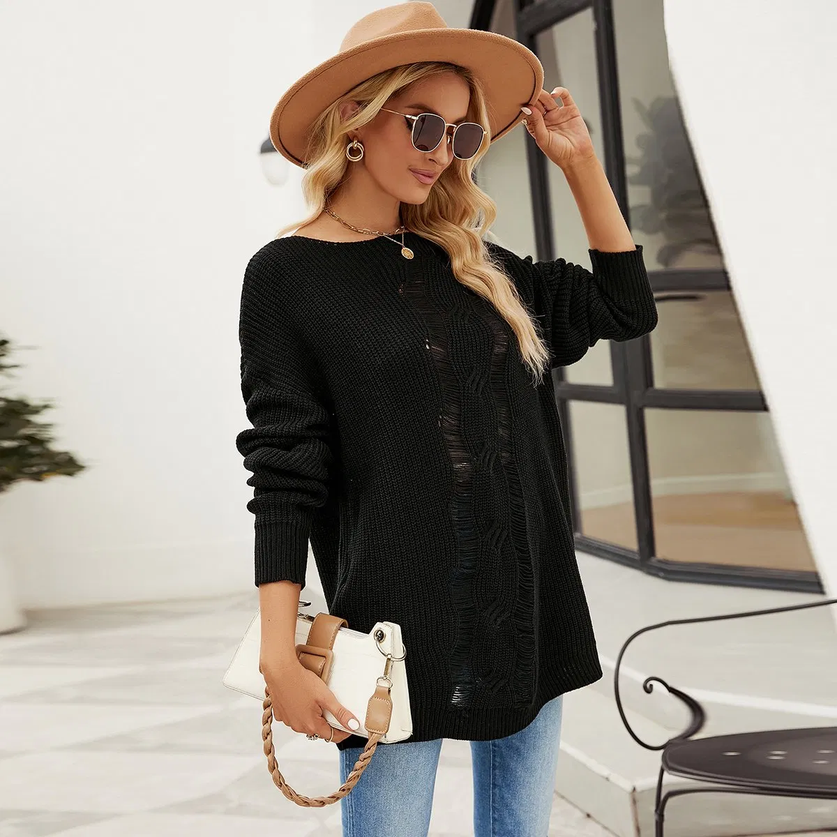 Comfortable Long Sweater for Women with Unique Hollow Pattern