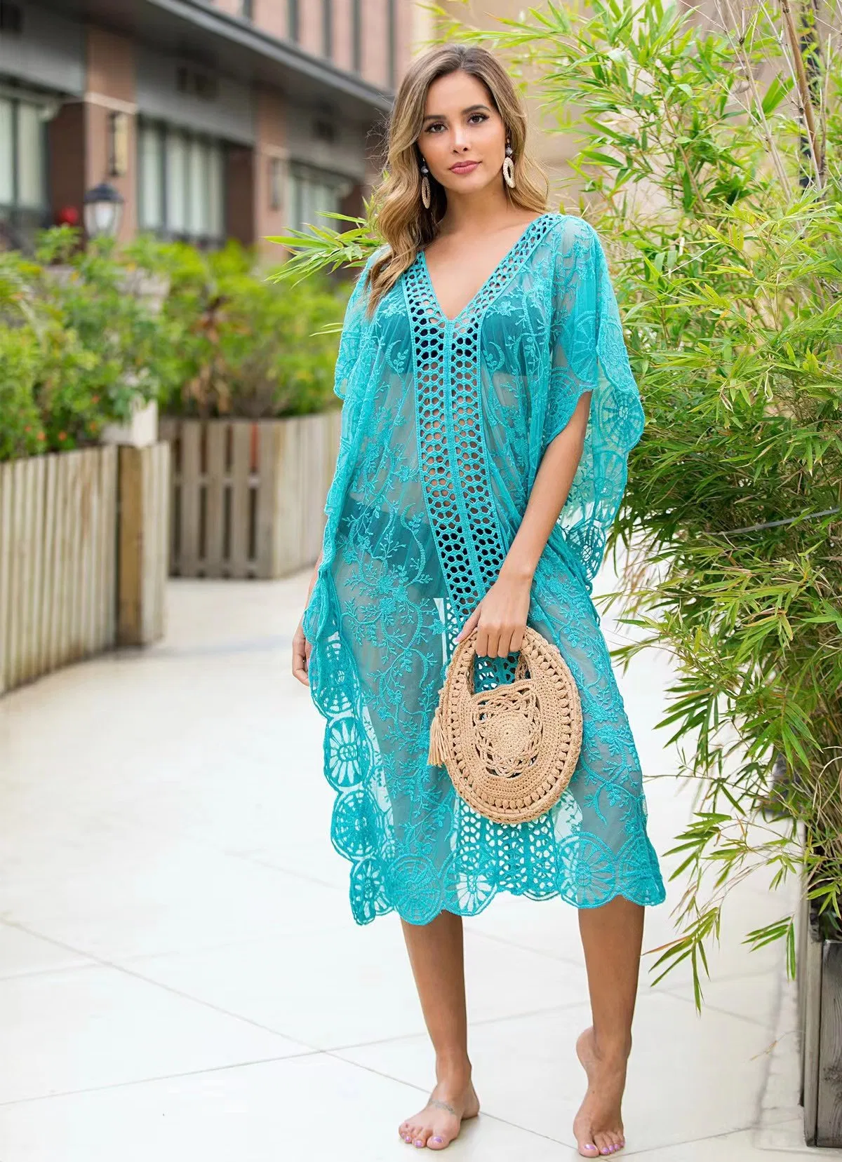 Custom Wholesale Available Various Colors Sexy V Neck Lace Beach Dress