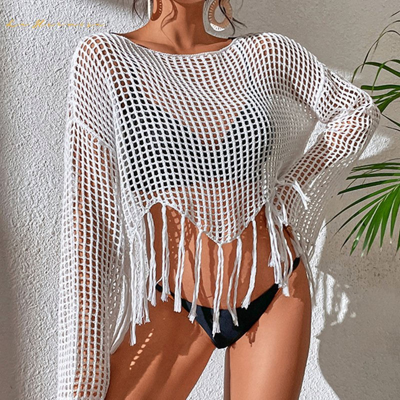 Summer Pullover Tassel Short Sunscreen Top Bikini Cover-UPS Lady Holiday Beach Hollow out Swimwear Cover-up