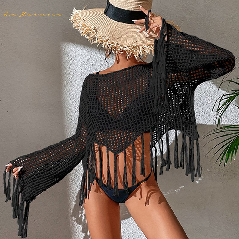 Summer Pullover Tassel Short Sunscreen Top Bikini Cover-UPS Lady Holiday Beach Hollow out Swimwear Cover-up