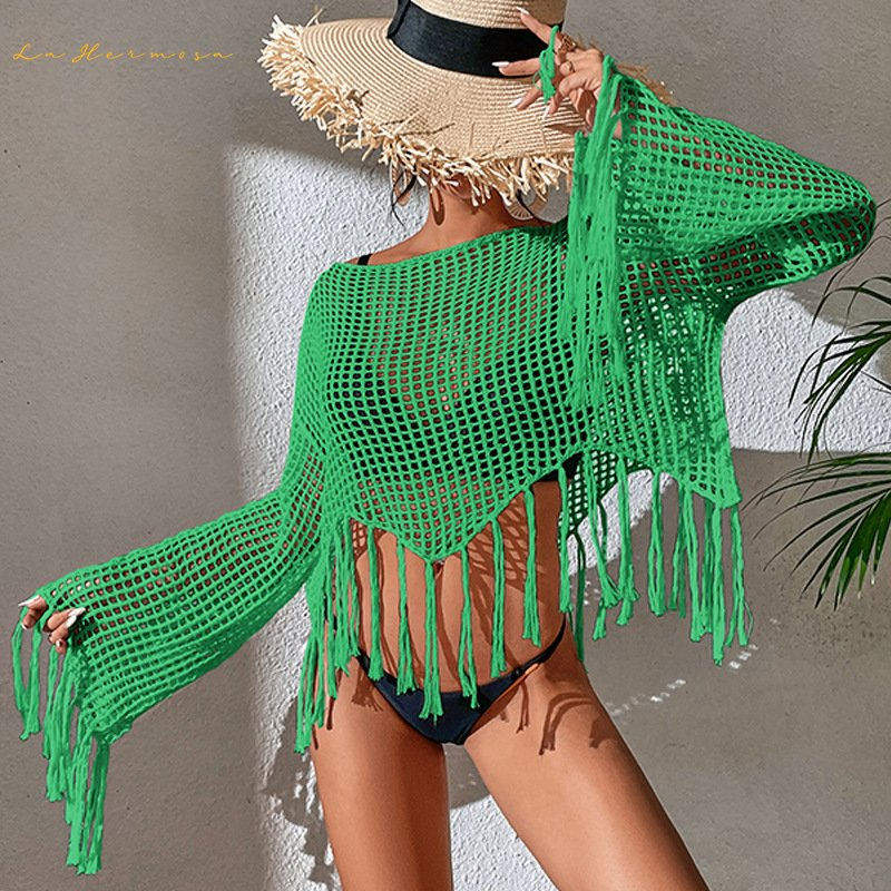 Summer Pullover Tassel Short Sunscreen Top Bikini Cover-UPS Lady Holiday Beach Hollow out Swimwear Cover-up