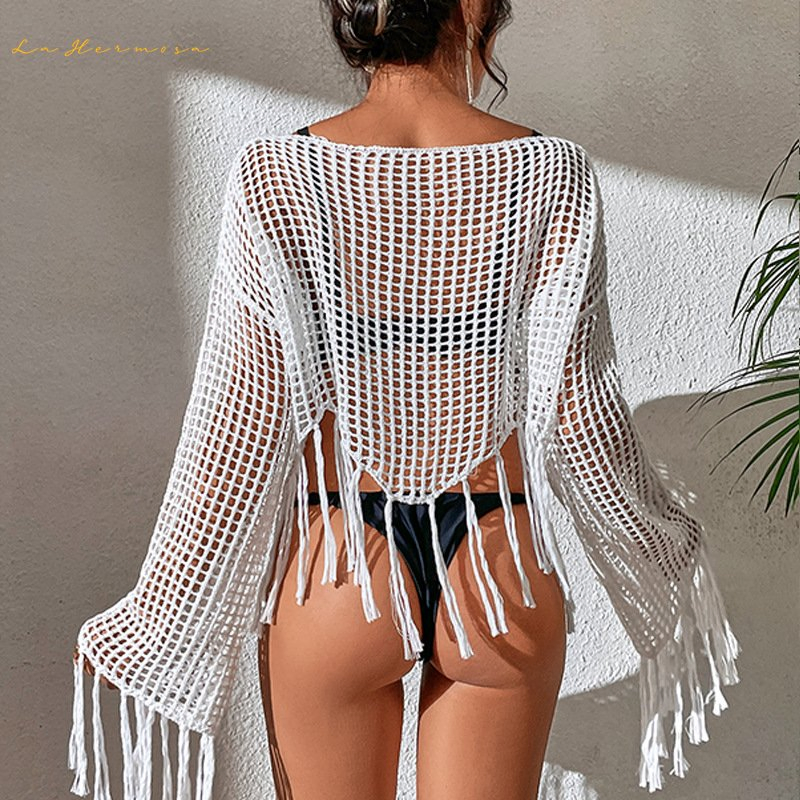 Summer Pullover Tassel Short Sunscreen Top Bikini Cover-UPS Lady Holiday Beach Hollow out Swimwear Cover-up