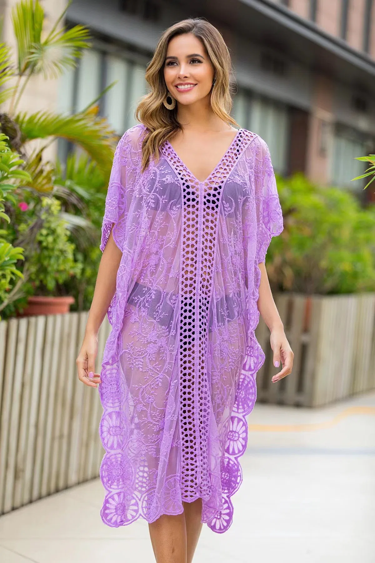 Custom Wholesale Available Various Colors Sexy V Neck Lace Beach Dress