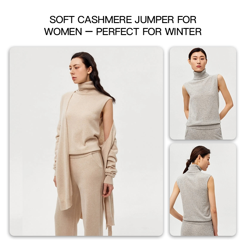Breathable Soft Handfeel Sleeveless Turtleneck Cashmere Knit Sweater Vest
