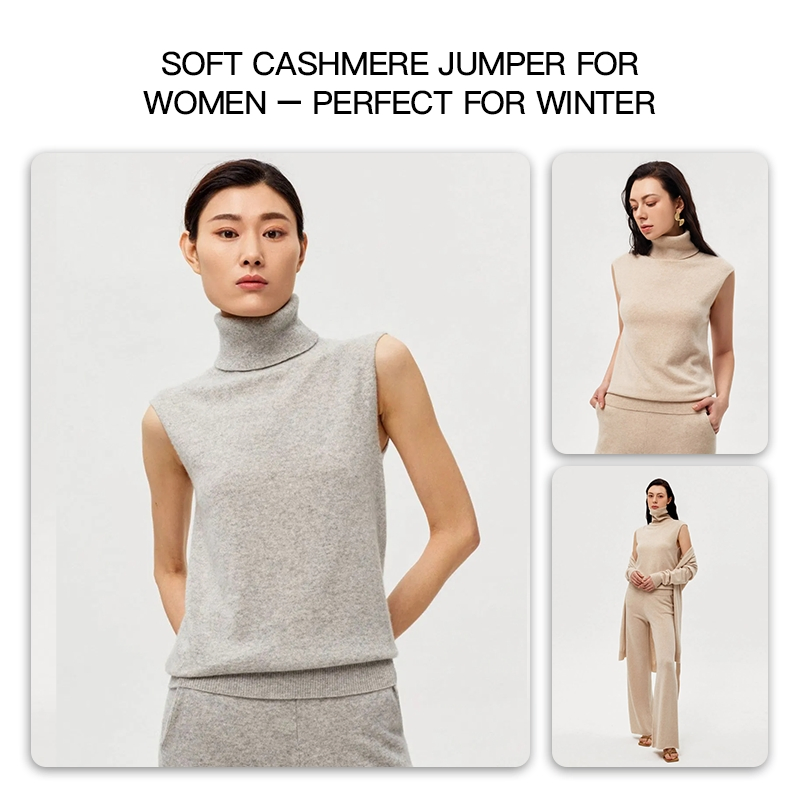 Breathable Soft Handfeel Sleeveless Turtleneck Cashmere Knit Sweater Vest