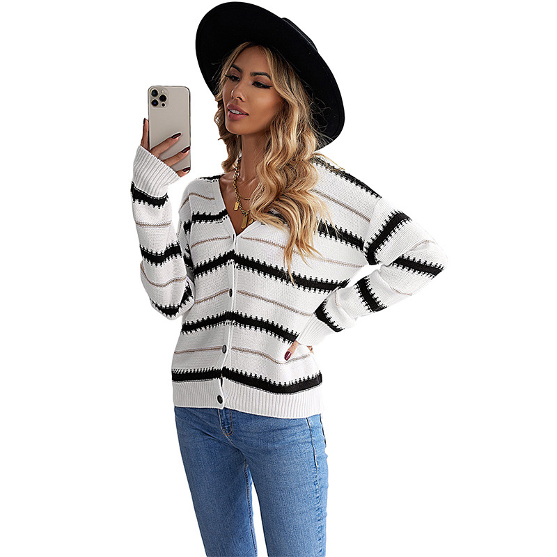 Casual Winter Contrasting Colors Striped Women Coat Sweater Cardigan