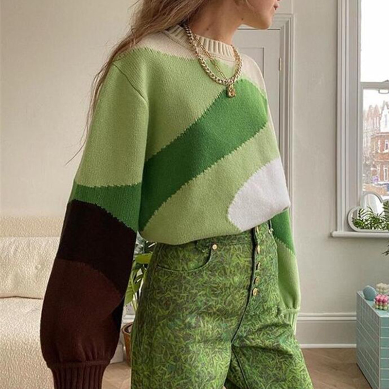 Casual Long Sleeve Irregular Pattern O-Neck Women Pullover Sweater