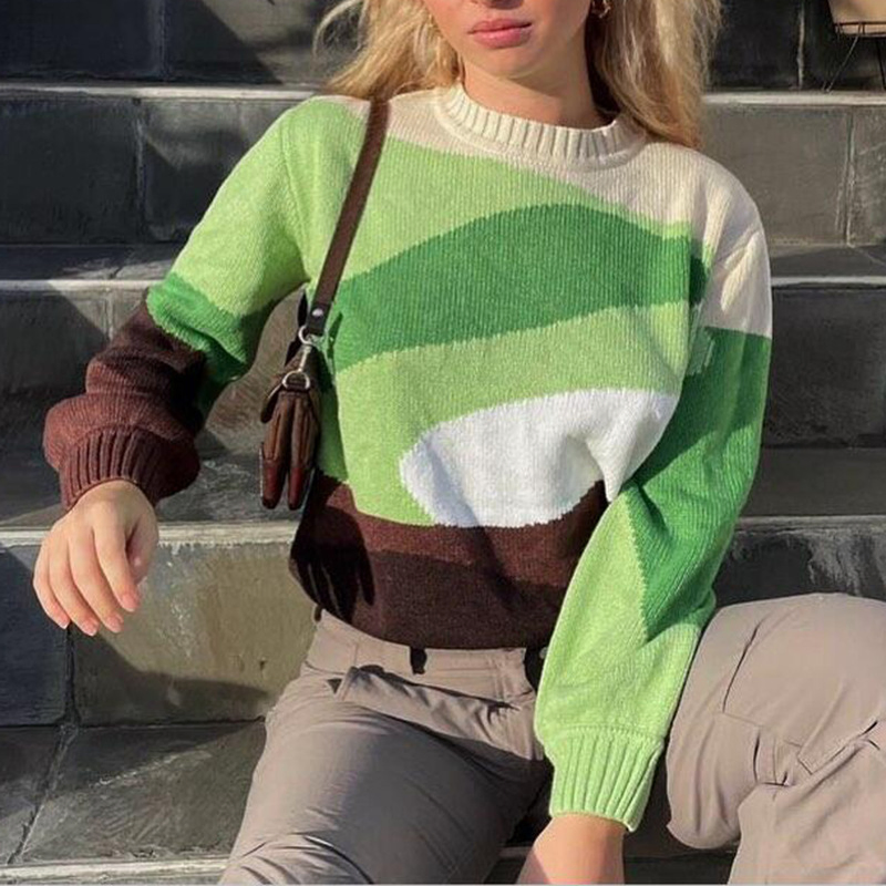 Casual Long Sleeve Irregular Pattern O-Neck Women Pullover Sweater