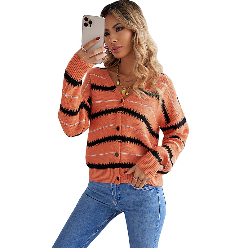 Casual Winter Contrasting Colors Striped Women Coat Sweater Cardigan